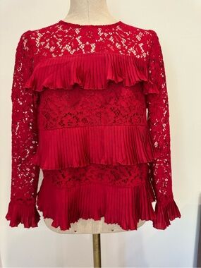 J. Crew Red Lace Ruffle Long-Sleeve Top Size 00